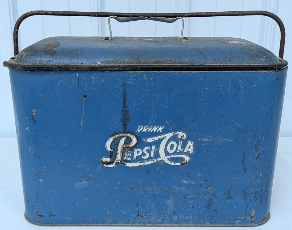 Vintage Pepsi-Cola Promotional Cooler By Progress Refrigerator Co: Vintage Pepsi-Cola Promotional metal cooler with embossed logo by Progress Refrigerator Company. Appears to be in overall good original condition. With paint loss, surface rust and wear from use and a