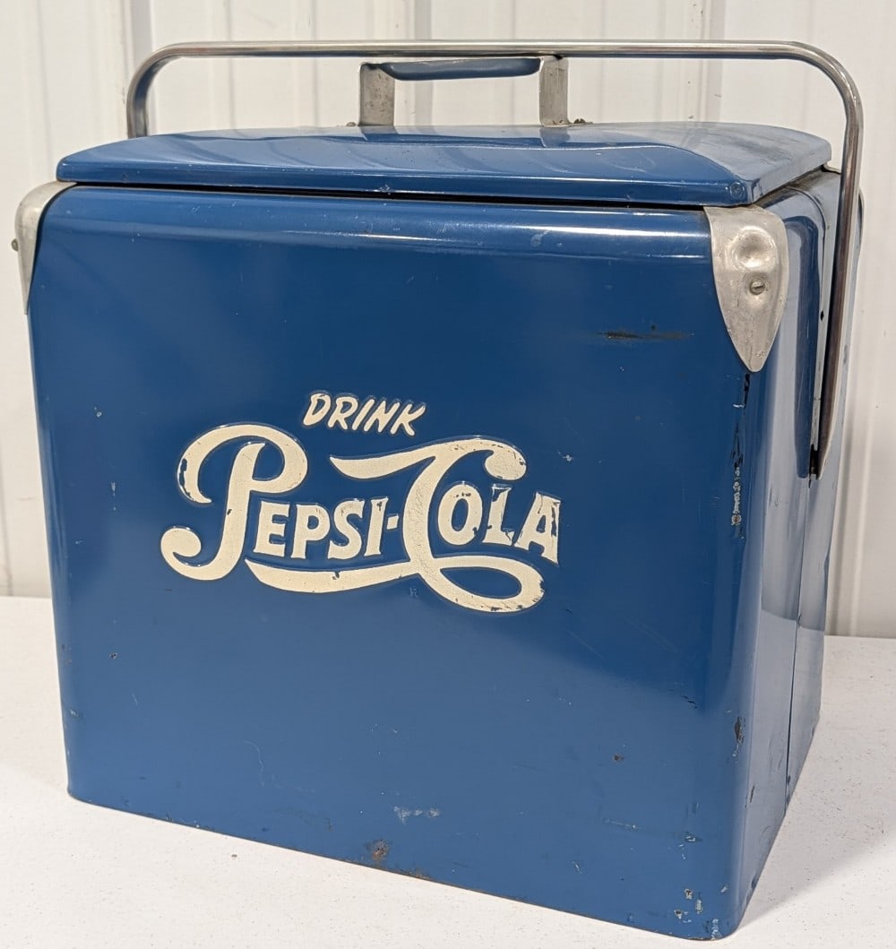 Vintage Progress Refrigerator Pepsi-Cola Promotional Cooler w/ Tray: Features side bottle opener, top tray, and drink spigot. Appears to be in good condition with some rust, dents, scratches, and other wear from use and age. Measures approximately 18" length x 13" widt