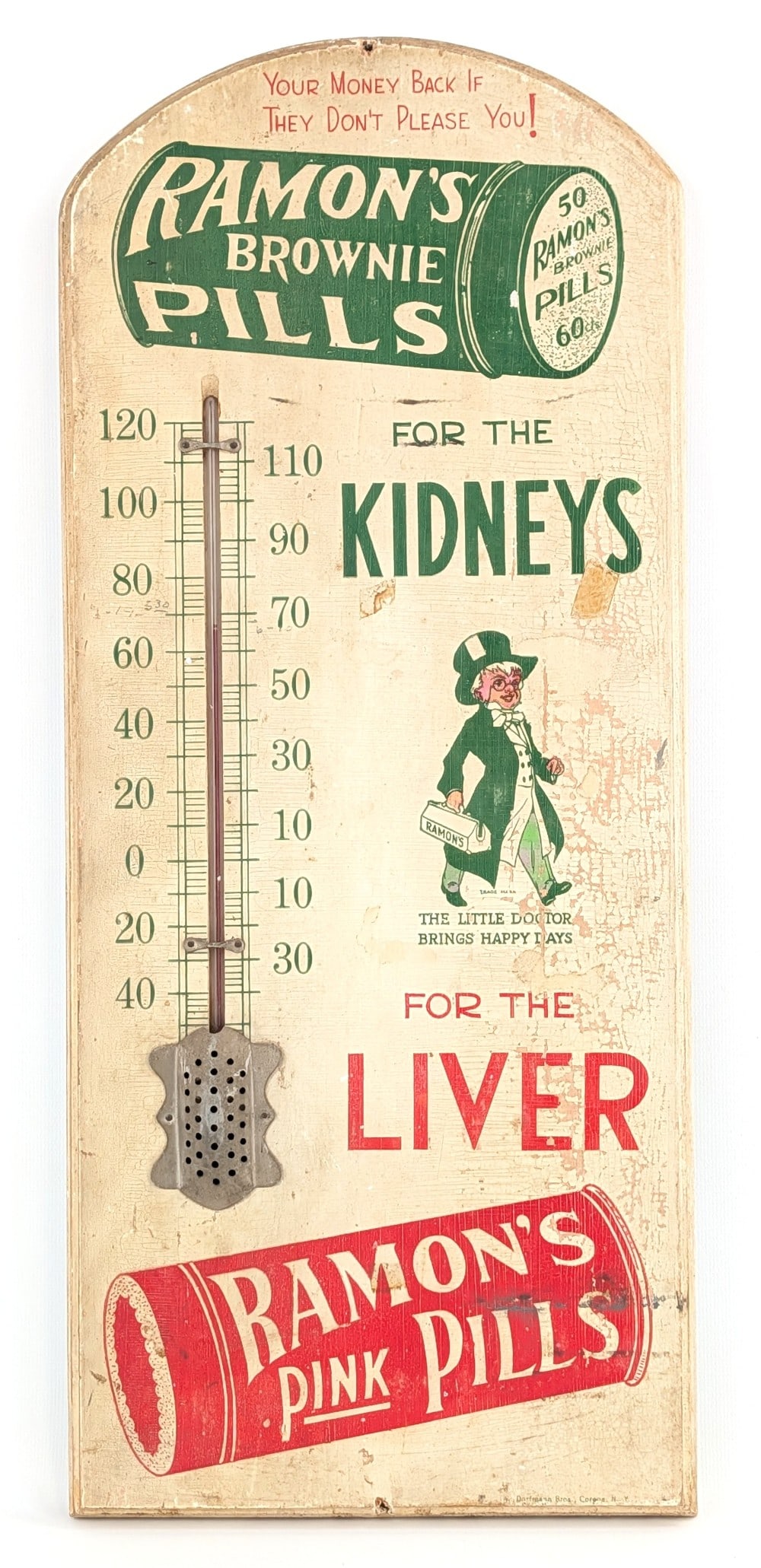 Ramon's Brownie Pills w/Graphics Wood Advertising Thermometer (TAC): Vintage single sided wood Ramon's Brownie Pills advertising thermometer. The thermometer has paint crazing, loss, and wear from use and age. The thermometer appears fairly accurate. The sign is marked