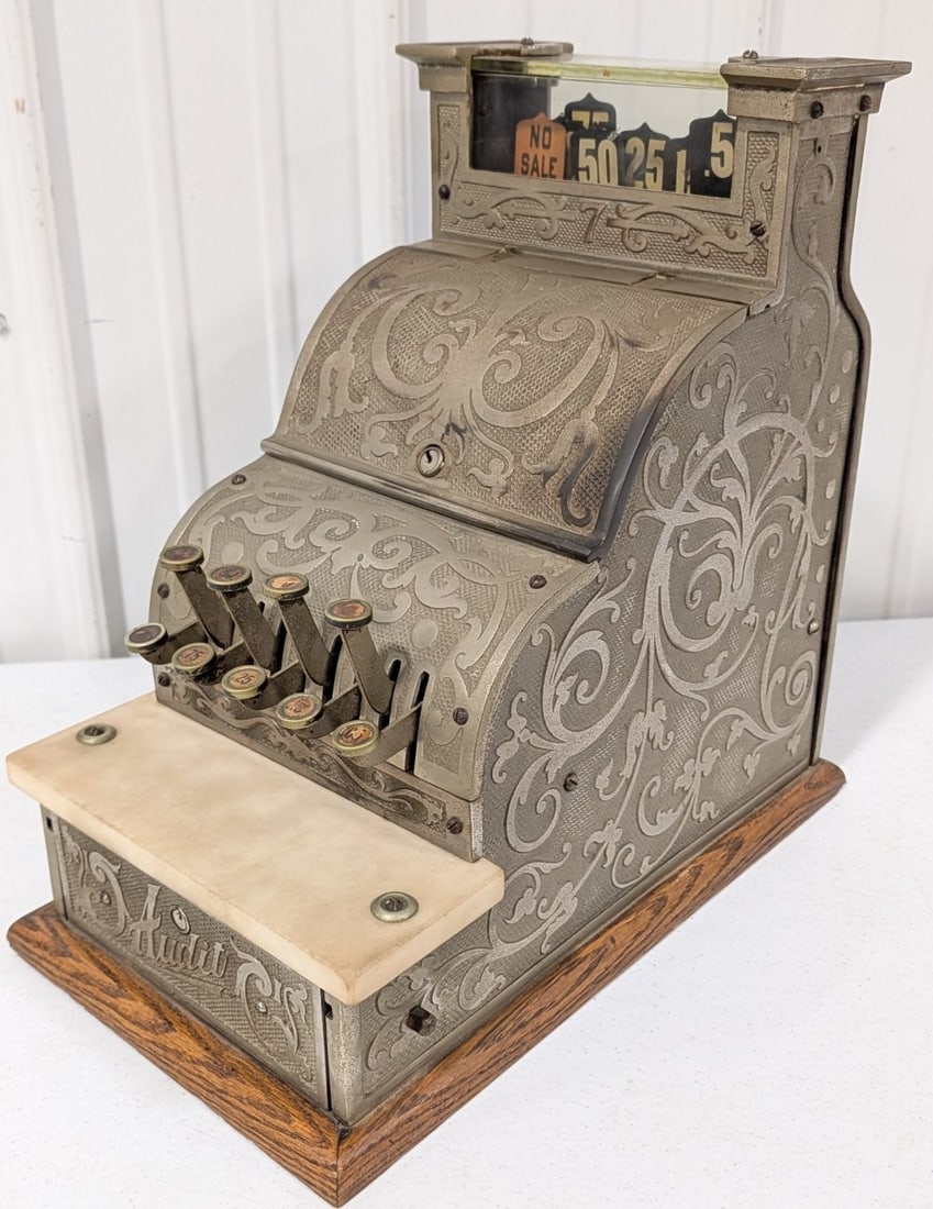 Vintage Audit Model 7 Candy Store Cash Register: Vintage Audit Model no.7 candy store style cash register. Appears to be in good original condition with plate loss, pitting, and other wear from use and age. It is missing its keys. Displays well with