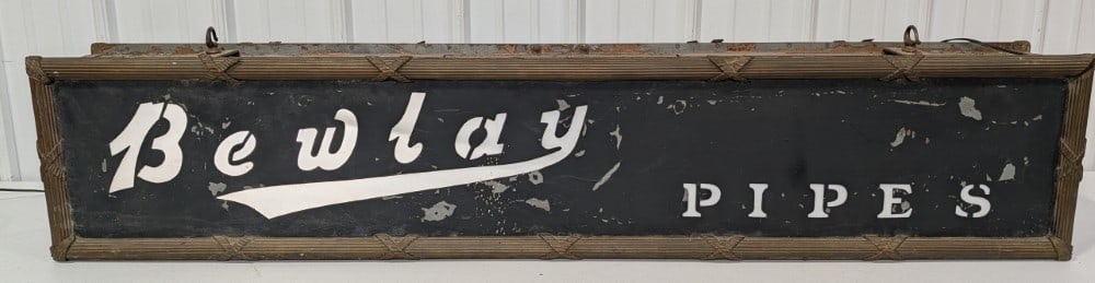 5ft Early Bewlay Pipes Flexlume Style Lighted Advertising Trade Sign: Incredible early double sided lighted Bewlay Pipes advertising sign with ornate brass frame. Sign appears to be possibly Flexlume but does not have any manufacturers tags still present. Sign most like
