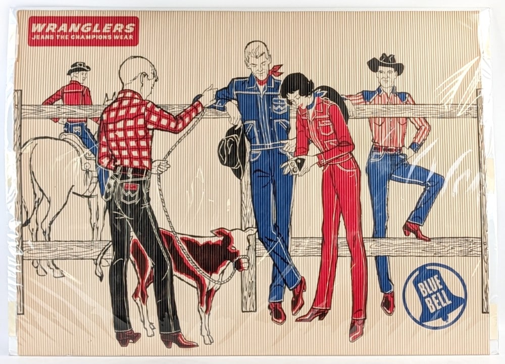Vintage 1960's Wrangler Blue Bell Jeans Advertising Banner: Vintage 1960's Wrangler Blue Bell jeans advertising banner / poster. The banner is corrugated heavy paper / cardstock. The banner is laying on a piece of foam board and wrapped in plastic to help disp