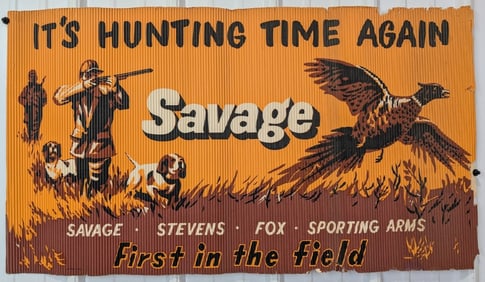 Rare Savage Fire Arms Corrugated Banner / Hunting / Shotgun