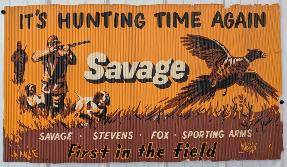 Rare Savage Fire Arms Corrugated Banner / Hunting / Shotgun: Rare vintage single sided Corrugated heavy paper Savage Sporting Arms advertising banner. Does have some damage to the right side, edge damage , discoloration, and other damage / wear from use and age