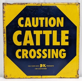 Vintage SST Caution Cattle Crossing BK Farm  Products Advertising Sign