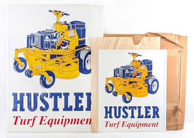 NOS Hustler Turf Equipment Lawn Mower Tractor Embossed Advertising Signs w/ Box