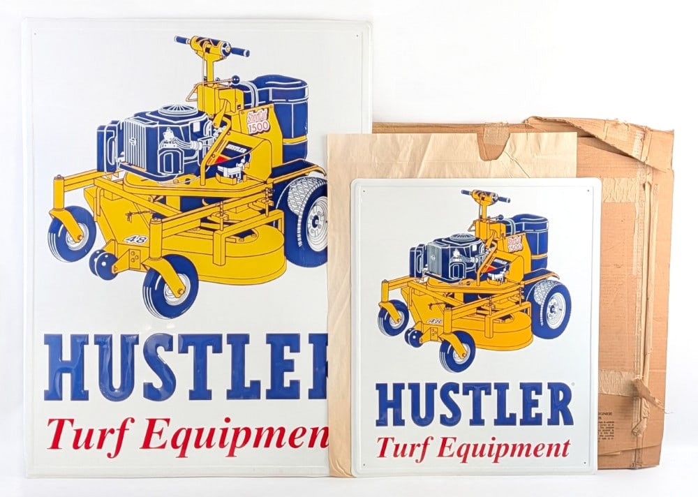NOS Hustler Turf Equipment Lawn Mower Tractor Embossed Advertising Signs w/ Box: Pair of new old stock vintage single sided tin Hustler Turf Equipment lawn mower tractor embossed advertising signs. The signs display well with great color and graphics. Both come in the original set
