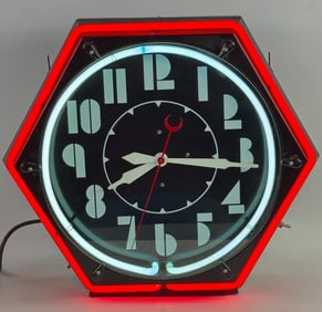 Vintage Art Deco Hexagon Neon Advertising Clock w/ 2 Color Neon