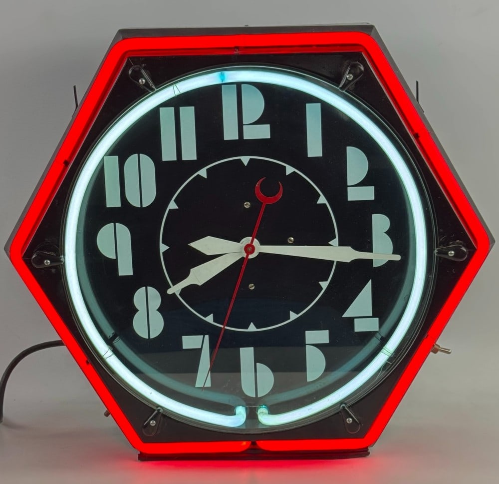 Vintage Art Deco Hexagon Neon Advertising Clock w/ 2 Color Neon (1 of 7)