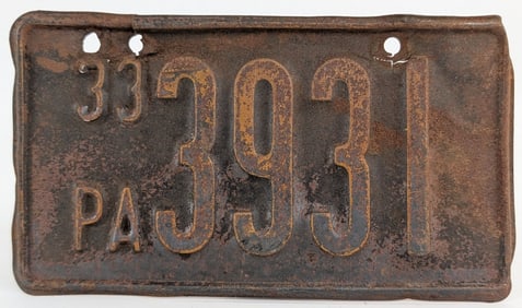 Original 1933 Pennsylvania Motorcycle License Plate