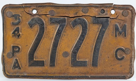 Original 1934 Pennsylvania Motorcycle License Plate