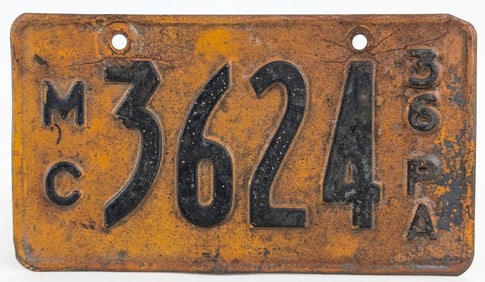 Original 1936 Pennsylvania Motorcycle License Plate