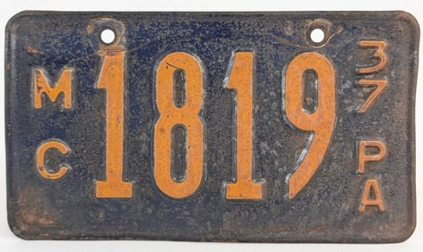 Original 1937 Pennsylvania Motorcycle License Plate