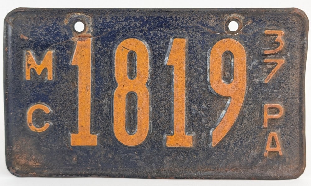 Original 1937 Pennsylvania Motorcycle License Plate (1 of 4)