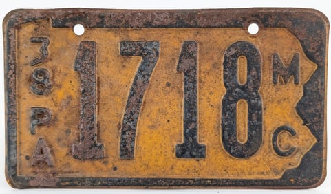 Original 1938 Pennsylvania Motorcycle License Plate