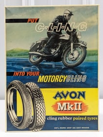 Vintage Avon MkII Motorcycle Tires Celluloid Easel Back Countertop Sign