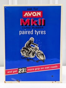Vintage Avon MkII Motorcycle Tires Celluloid Easel Back Countertop Sign