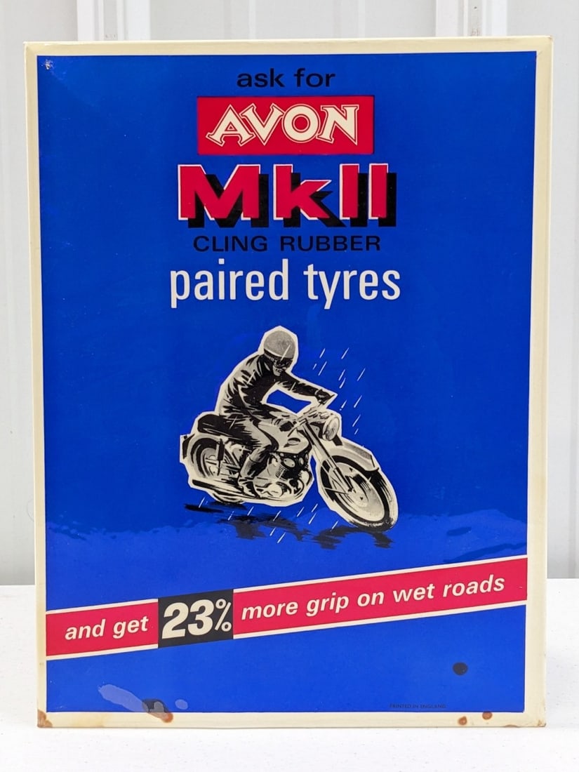 Vintage Avon MkII Motorcycle Tires Celluloid Easel Back Countertop Sign (1 of 5)