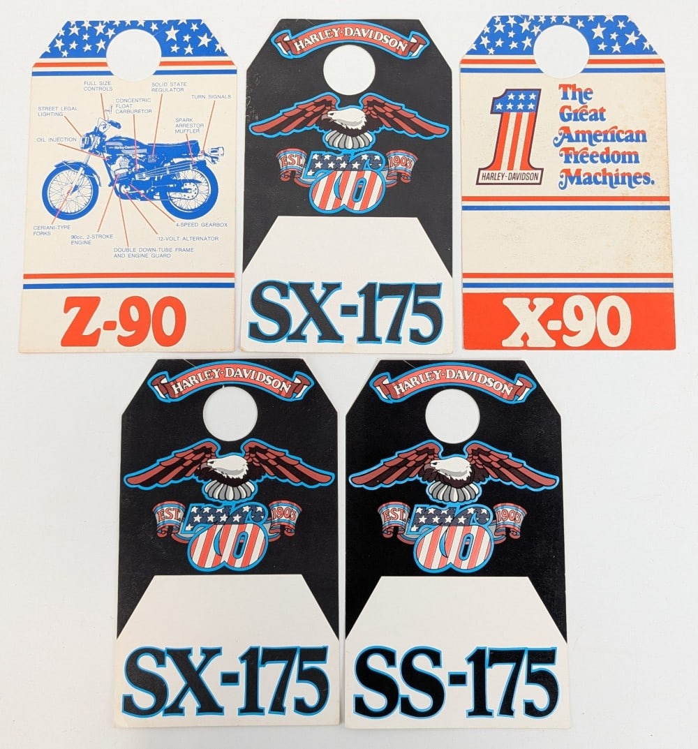 5) Vintage Harley-Davidson Dealership Motorcycle Hang Tags / X-90 & SX-175 (1 of 8)