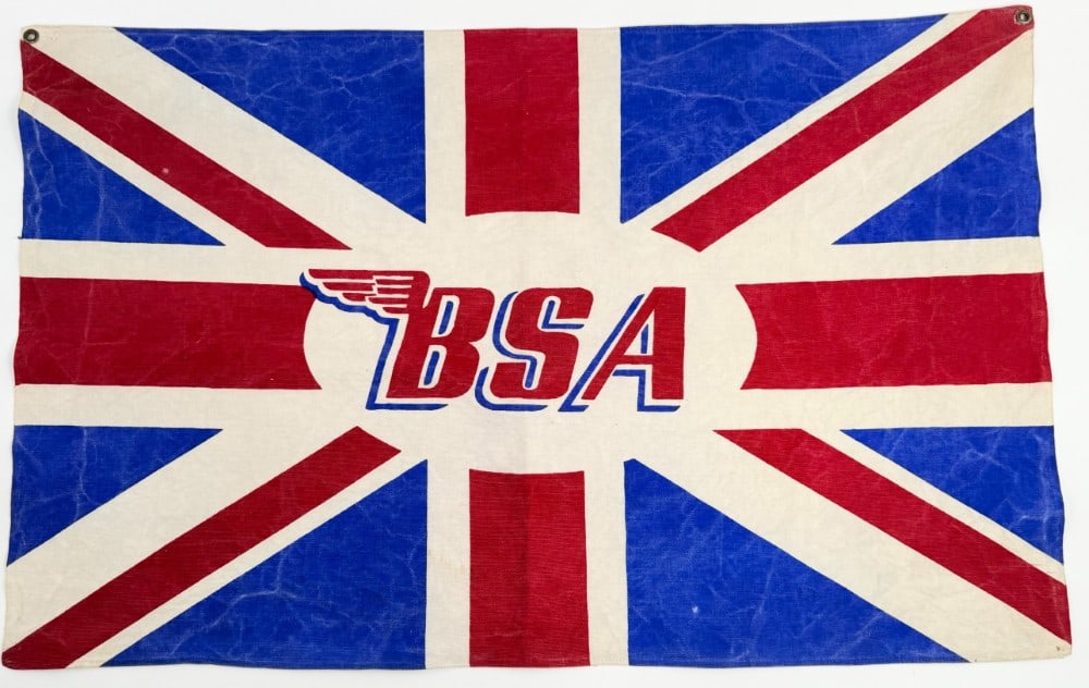 Vintage BSA Motorcycle Dealership Cloth Advertising British Flag Banner: Great vintage single sided BSA Motorcycle dealership cloth advertising British flag banner. Appears to be in good condition with discoloration and wear from use and age. It measures approximately 35in