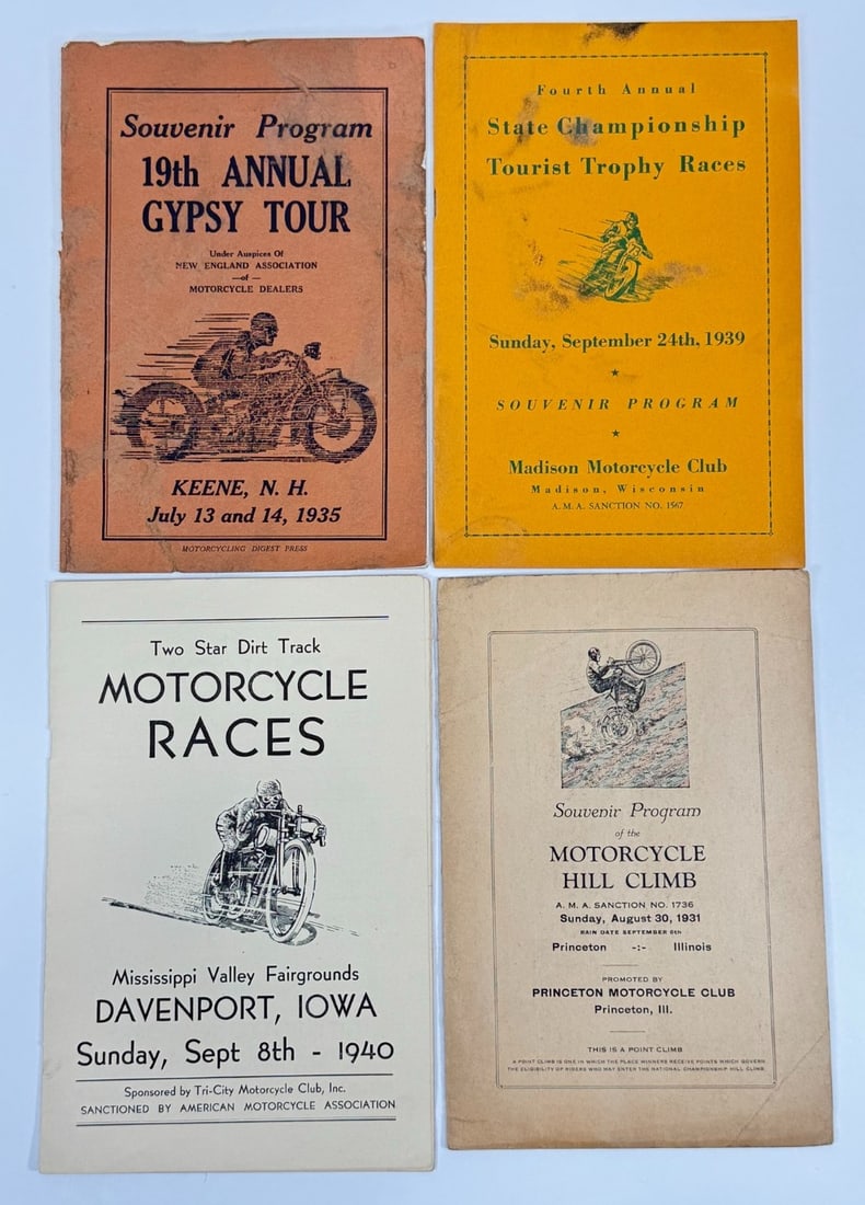 1930s - 1940s Motorcycle Racing & Hill Climb Programs: Lot of 1930s-1940s Motorcycle racing and hillclimb programs. They vary in year and condition. Display well with great graphics. Largest measures approximately 9-1/4in tall