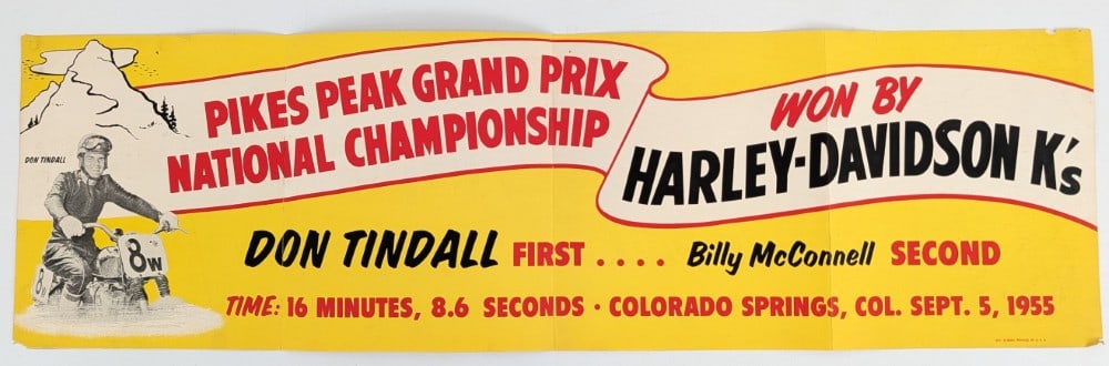 Original 1955 Pikes Peak Grand Prix Harley-Davidson Motorcycle Race Dealer Poster: Incredible original 1955 Harley-Davidson Pikes Peak Grand Prix National Championship dealership promotional poster. Appears to be in nice condition for its age with expected creases, edge / corner