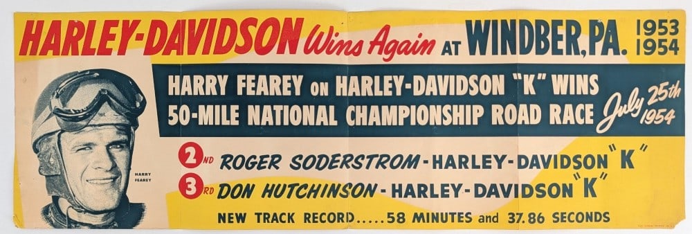 Original 1954 Harley-Davidson Motorcycle Road Race Dealership Poster: Original 1954 Harley-Davidson "K" Model Harry Fearey 50-Mile National Championship Road Race Winber Pennsylvania dealership promotional advertising poster. Has expected creases, edge / corner damage,