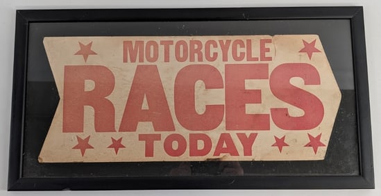 Framed Vintage Motorcycle Races Cardboard Advertising Arrow Sign