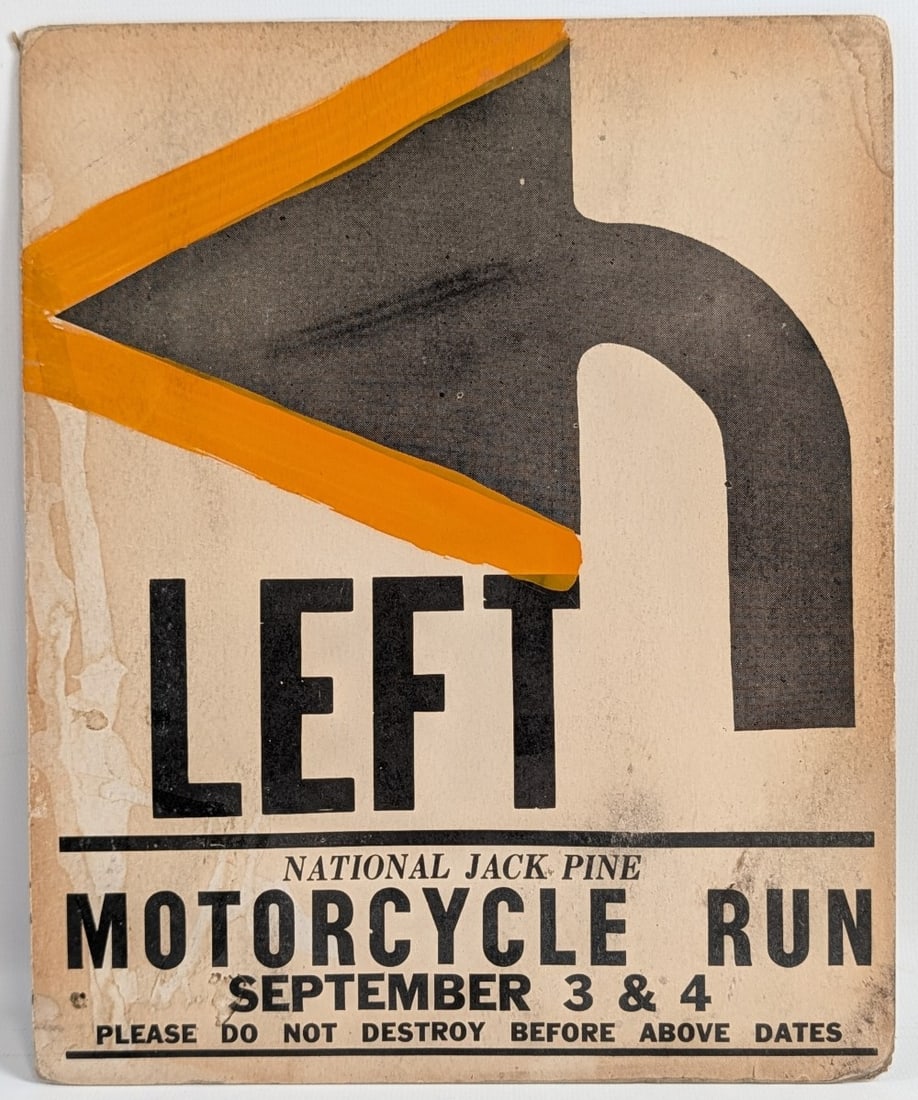 1930s-40s Jack Pine Motorcycle Run Left Turn Sign: 1930s-1940s cardboard National Jack Pine Motorcycle Run "Left" turn advertising course sign. Has discoloration, corner wear, and other wear from use and age. Measures approximately 11in tall by 9in