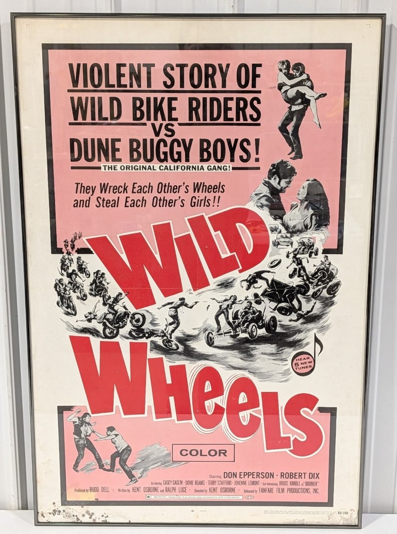 Vintage Wild Wheels Movie Poster / Bikers / Motorcycle Club: Original Vintage Wild Wheels movie poster framed behind glass. Poster has moisture damage and staining on the bottom edge, expected creases, and other wear from use and age. Frame glass does have