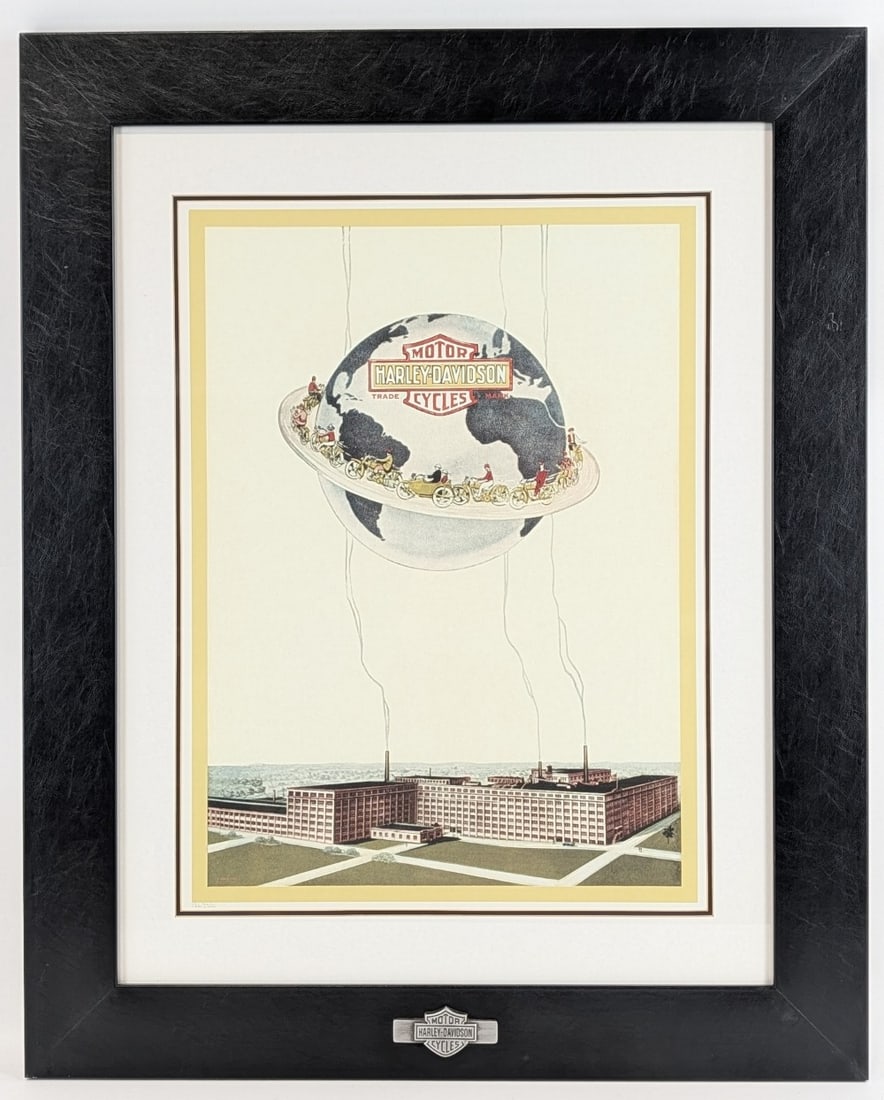 Framed Harley-Davidson Motorcycle Dealership "HD World" Archive Print: Harley-Davidson Archive "Harley-Davidson World" Art Print. Print is numbered 126 of 2500 and is a dealer exclusive. Print comes in a black frame with a silver Harley-Davidson emblem on the bottom.