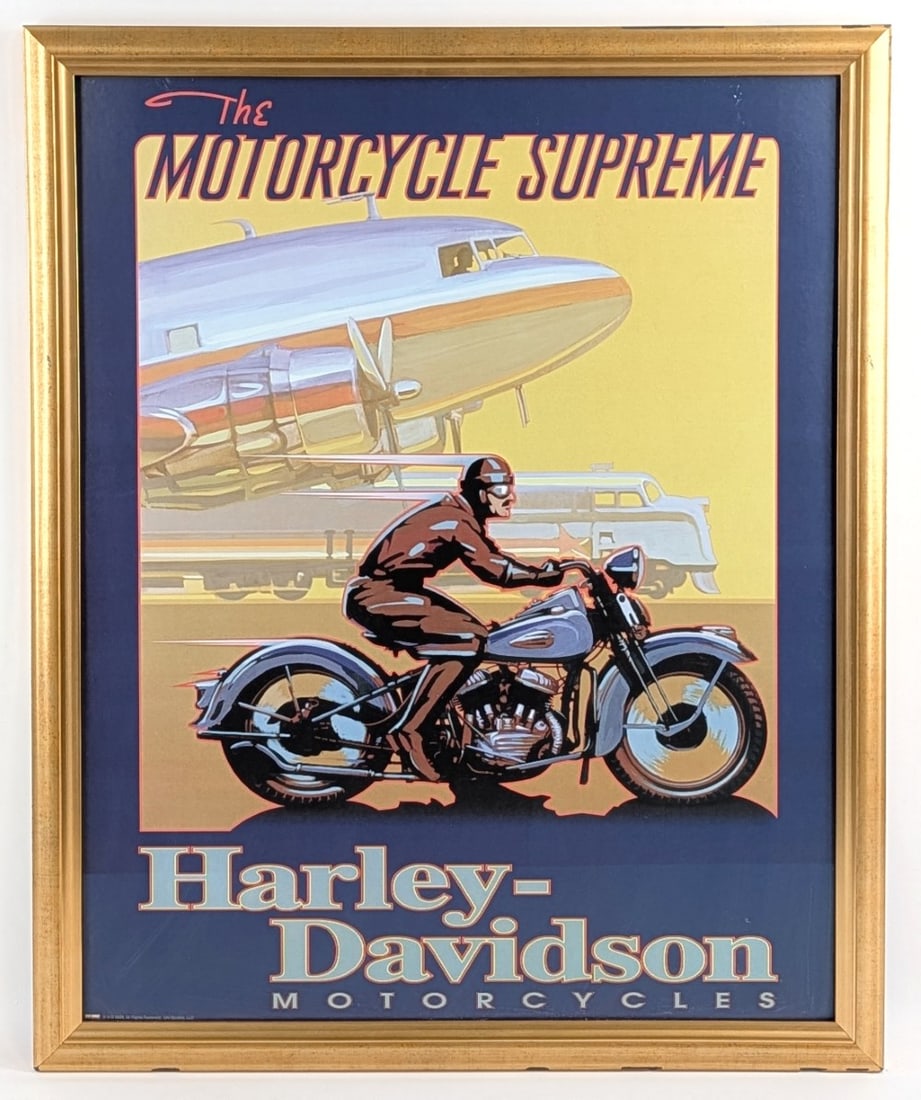 Harley-Davidson The Motorcycle Supreme Framed Poster by Uhl Studios: Harley-Davidson The Motorcycle Supreme framed poster by Uhl Studios. The poster displays well framed under glass. The frame has a few small chips on the top and bottom edge. The frame measures approxi