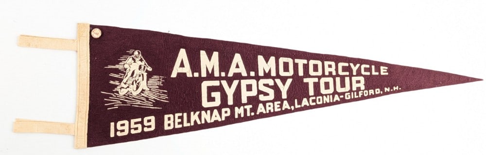 1959 AMA Motorcycle Gypsy Tour Motorcycle Racing Pennant: Original 1959 AMA Gypsy Tour Motorcycle Racing felt pennant with a 1953 Gypsy Tour button. Pennant appears to be in nice condition with some discoloration and other wear from display and age. Displays