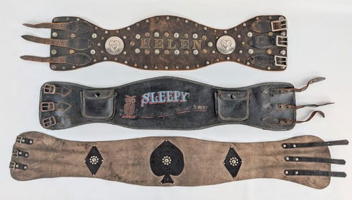 3) Vintage 1940s-1950s Custom Leather Motorcycle Kidney Belts / Studded / Hand Painted