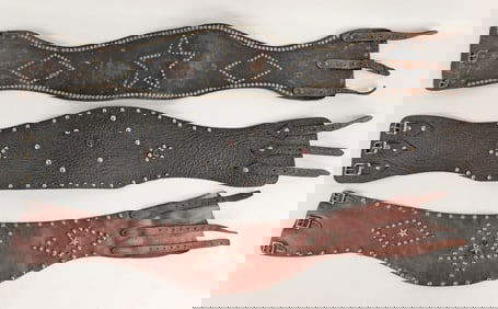 3) Vintage 1940s-1950s Motorcycle Studded Leather Kidney Belts / Rhino Grain