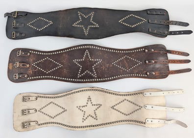 3) Vintage 1940s-1950s Studded Leather Motorcycle Kidney Belts / Stars