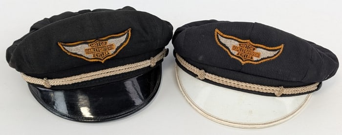 2) Original 1940s-1950s Harley-Davidson Motorcycle Rider's Captain Hats w/ Winged Bar & Shueld