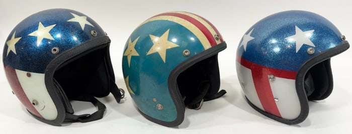 3) Vintage 1960s-1970s Patriotic Metal Flake Motorcycle Helmet / Easy Rider / Evel Knievel