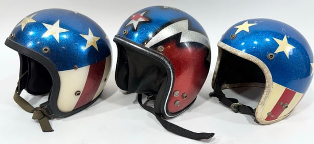 3) Vintage 1960s-1970s Patriotic Metal Flake Motorcycle Helmet / Easy Rider / Evel Knievel