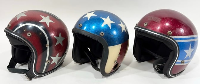 3) Vintage 1960s-1970s Patriotic Metal Flake Motorcycle Helmet / Easy Rider / Evel Knievel