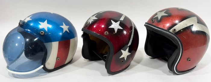 3) Vintage 1960s-1970s Patriotic Metal Flake Motorcycle Helmet / Easy Rider / Evel Knievel