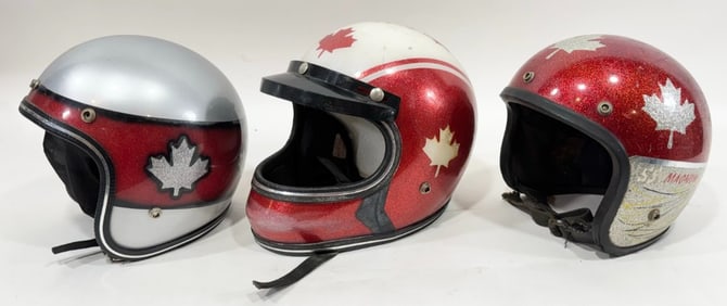 3) Vintage 1960s-1970s Canadian Metal Flake Motorcycle Helmets / Easy Rider / Evel Knievel