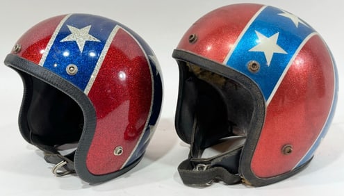 2) Vintage 1960s-1970s Confederate Flag Metal Flake Motorcycles Helmet / Easy Rider / Evel Knievel