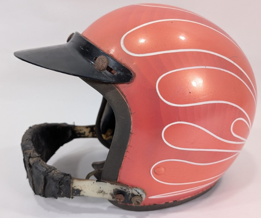 1960s Bell Toptex Racing Helmet w/ Custom Paint: Fantastic original 1960s Bell Top-Tex racing helmet with custom period paint job. Has paint loss, discoloration, liner is breaking down (as expected), and other wear from use an age. Marked a size 7-3