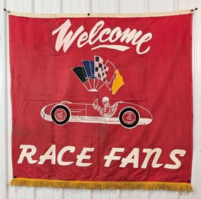 Nearly 5ft 1950s-60s Indianapolis Speedway Welcome Banner / Indy 500 Racing