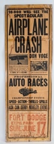 1930s Fort Dodge Professional Auto Races & Don Voge Airplane Crash Thrill Show Poster