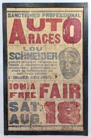 Large 1930s Iona Michigan Fair Auto Races Sign / Lou Schneider