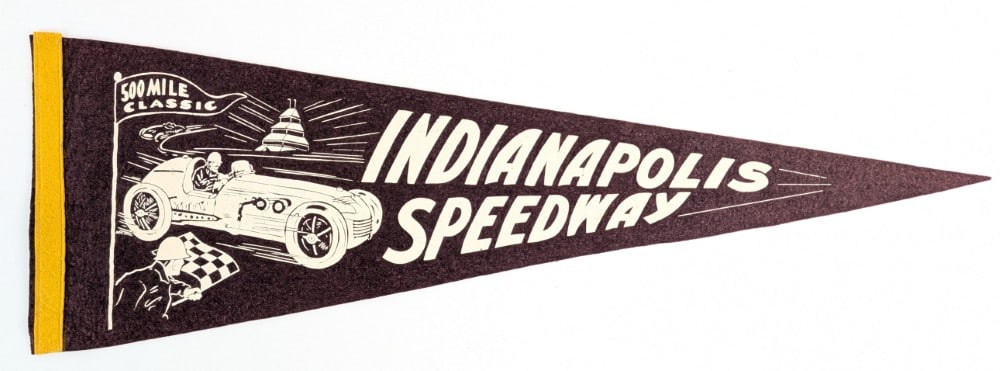 1940s-1950s Indianapolis 500 Speedway Race Felt Pennant: 1940s -1950s Indianapolis 500 felt pennant. Appears to be in good condition with discoloration and wear from display and age. It measures approximately 28-1/2in across