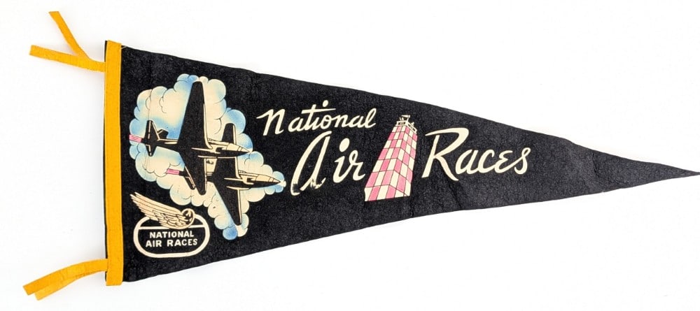 Vintage National Air Races Felt Pennant: Unique vintage National Air Races felt pennant. Appears to be in overall good vid motion with some discoloration, graphic loss, and other wear from age. It measures approximately 29in across without t