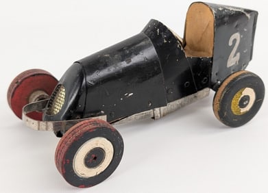 Vintage Folk Art Wooden Racer / Race Car Toy / Made From Tobacco / Coffee Can